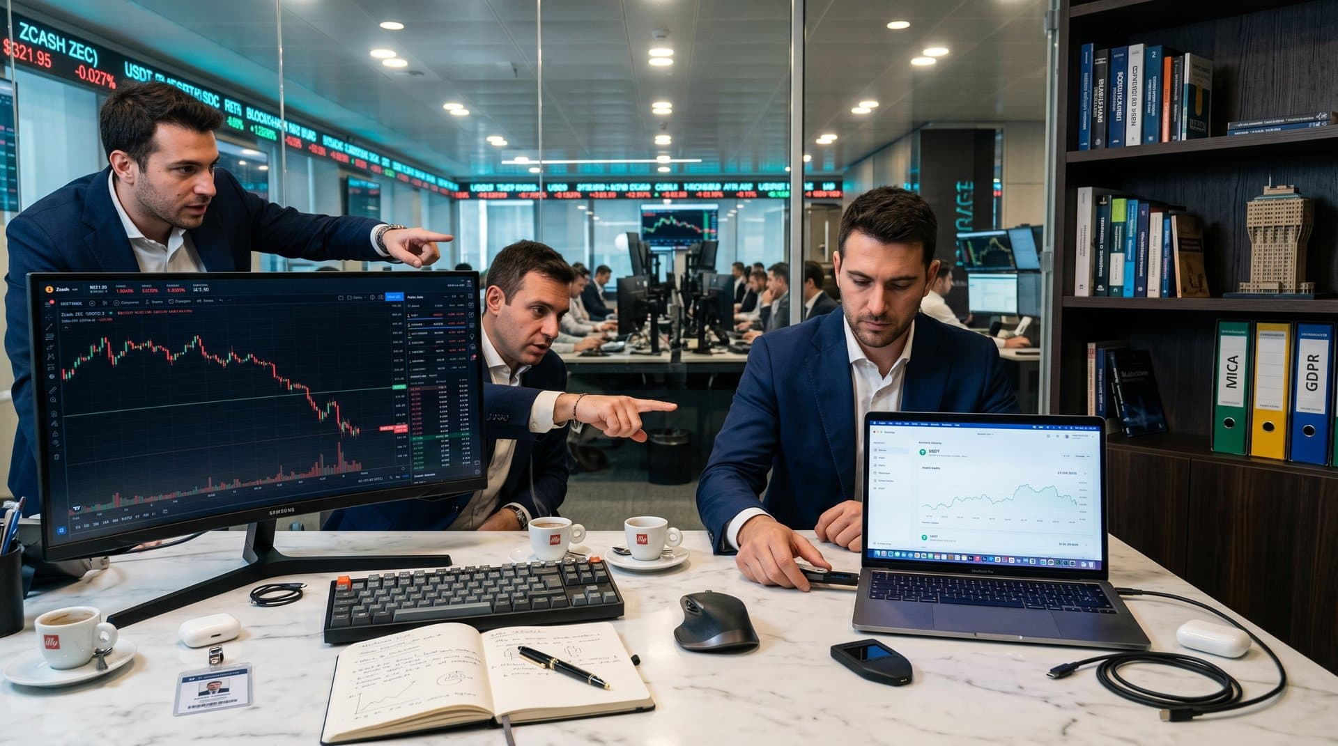 Grafici Zcash ZEC in rosso e stablecoin verdi su desk trading high-tech con wallet Ledger Trezor