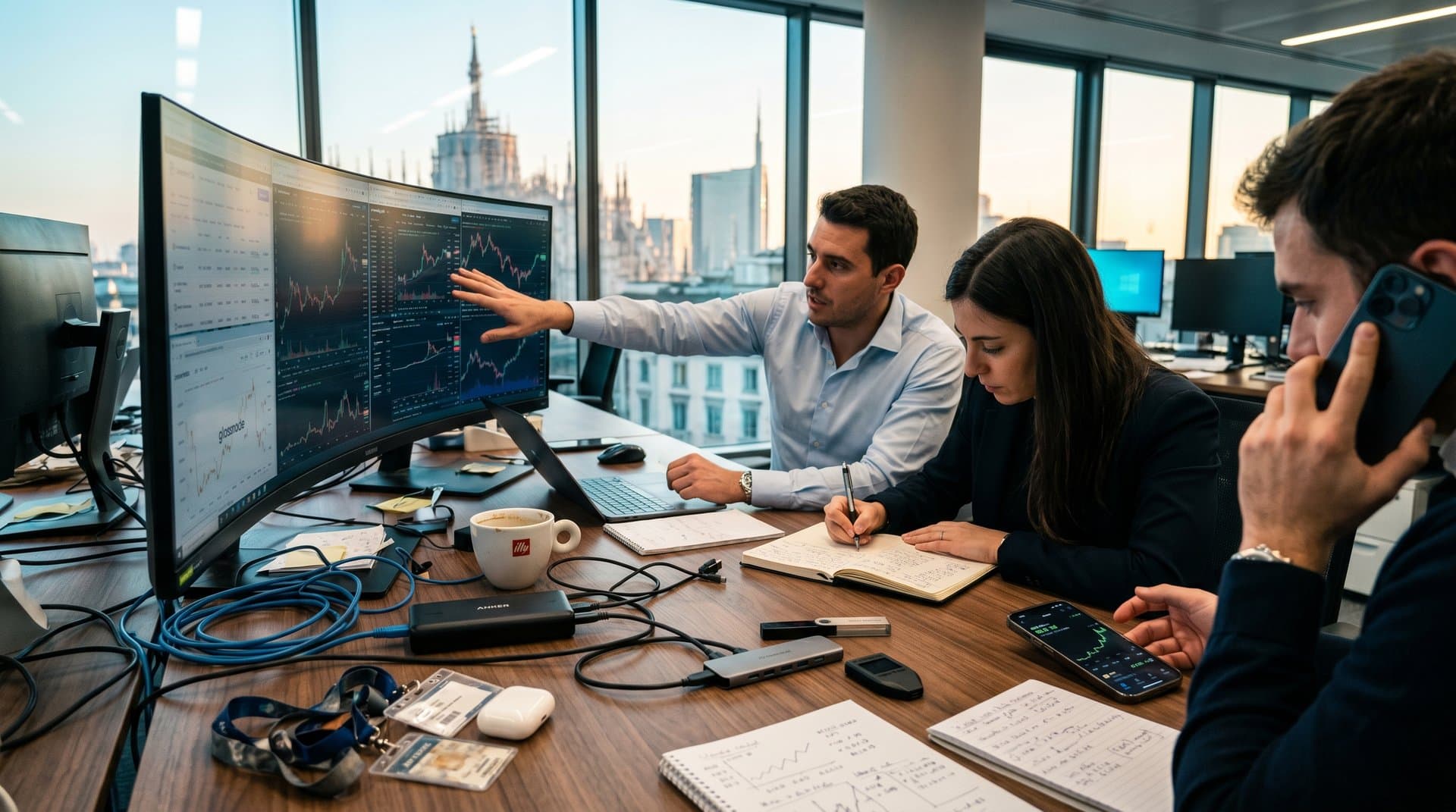 Ufficio tech italiano con grafici Dogecoin su monitor, wallet hardware Ledger e Trezor su scrivania, skyline Milano
