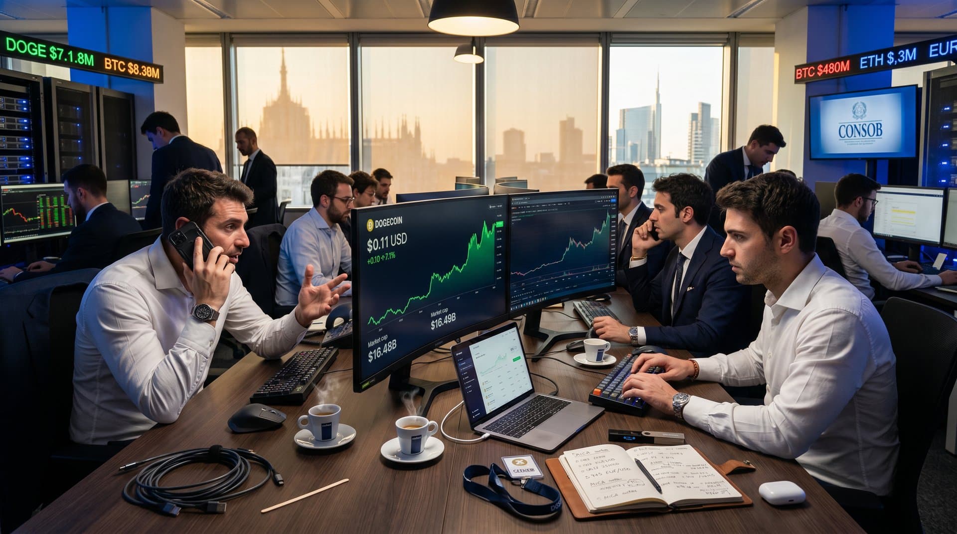 Trading desk Milano con grafici Dogecoin a 0,11 dollari e Ledger Nano X