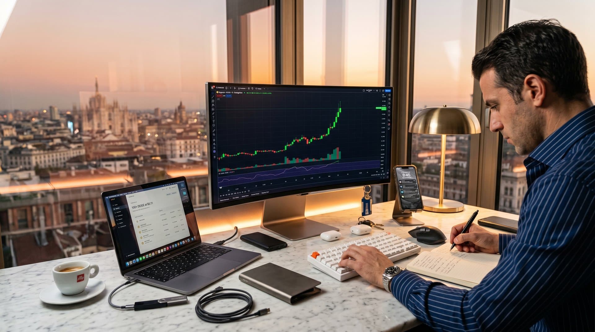 Scrivania con grafico Dogecoin $0.11, Ledger Nano X, power bank e skyline Milano, focus gadget crypto portatili