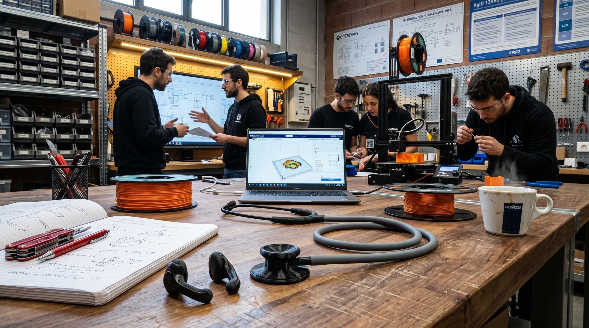 Stetoscopio 3D-printato open source su banco maker con filamento PLA e stampante Creality