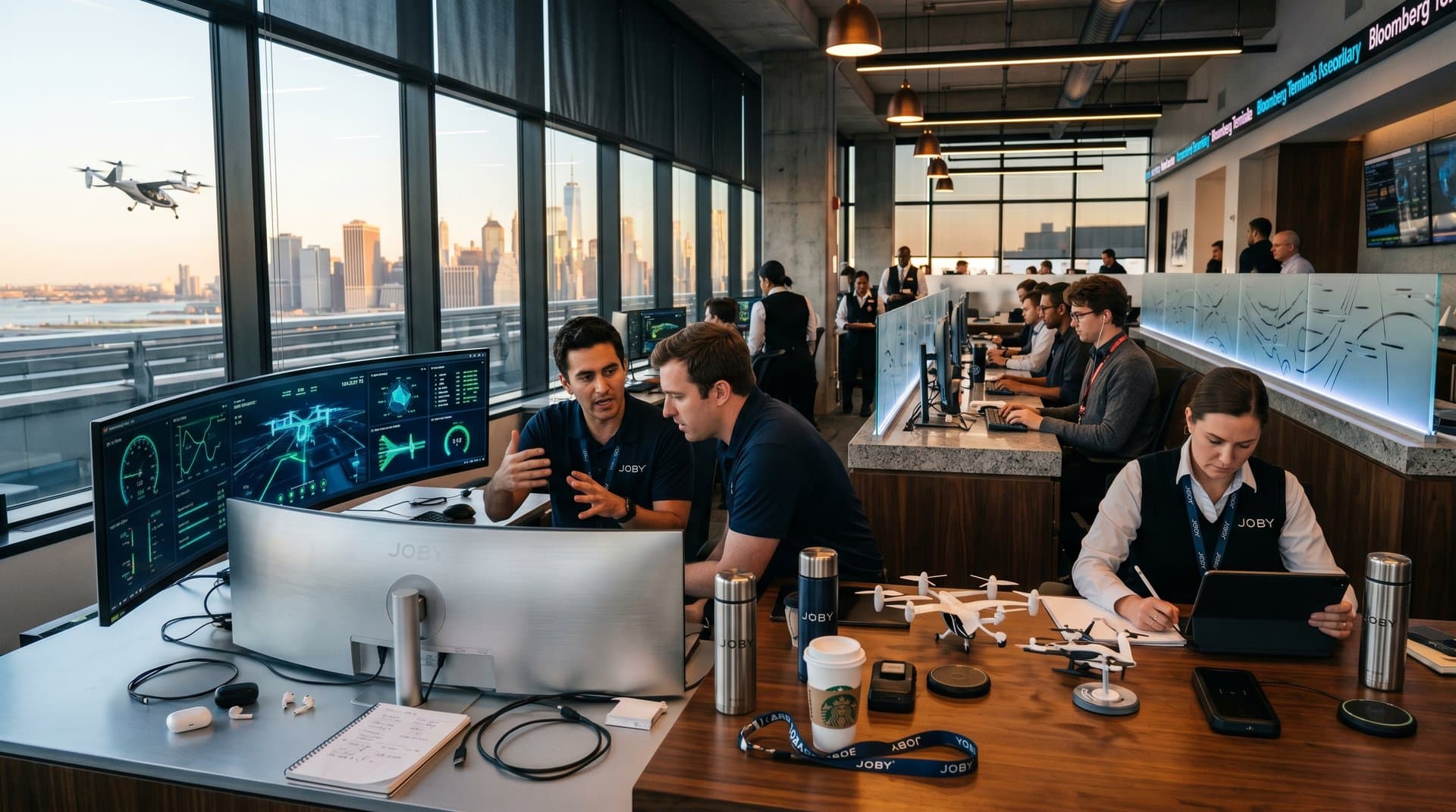 Centro controllo heliporto JFK con console high-tech, monitor flight telemetry e vista eVTOL Joby su skyline NYC