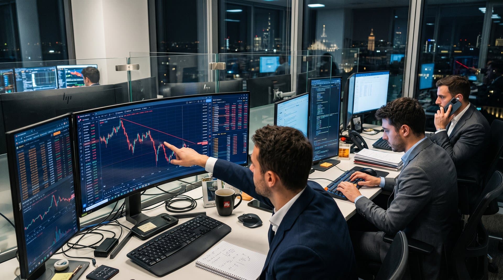 Grafici ETH in calo su schermi trading, portafoglio hardware Ledger Nano X in primo piano con accessori tech su desk professionale