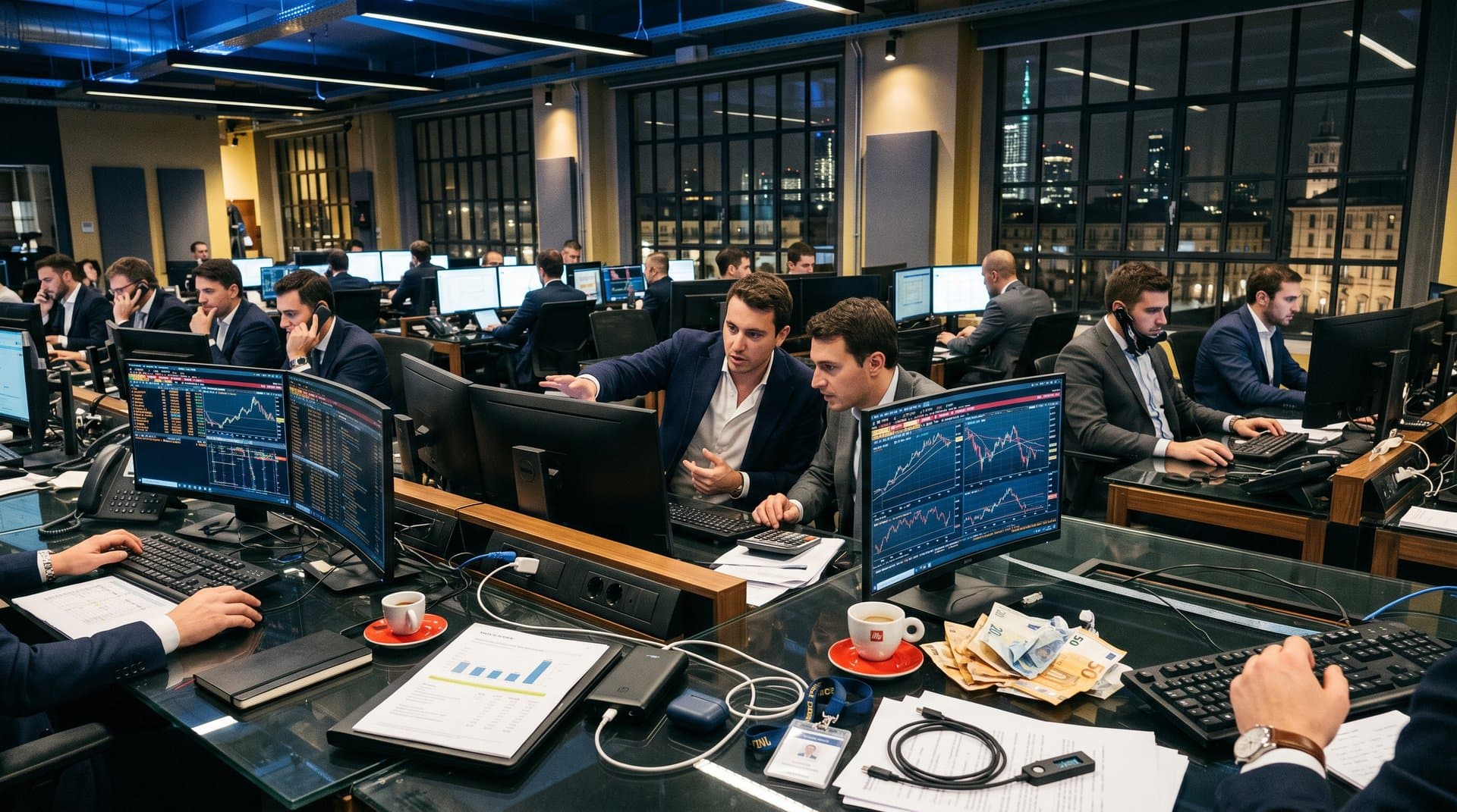 Trader analizza grafici WBT su terminale multi-monitor in trading floor high-tech