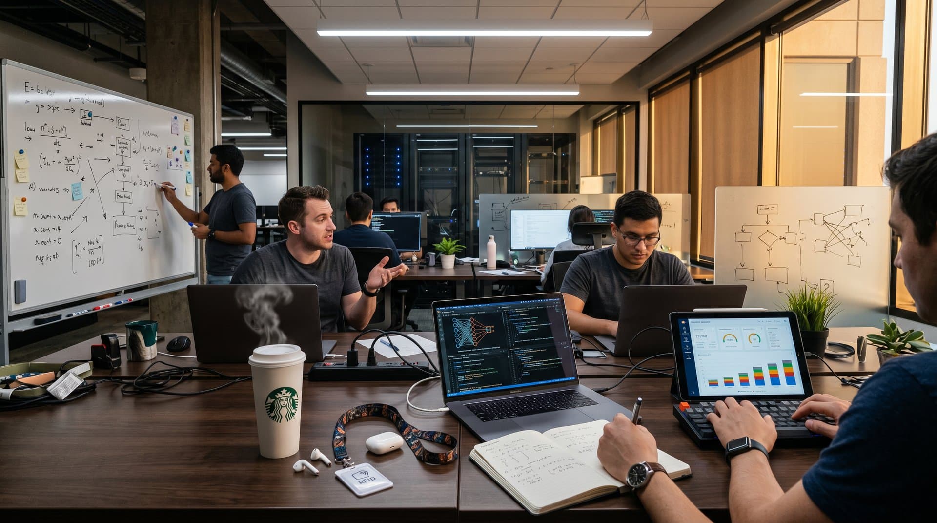 Laptop AI high-tech su desk moderni con schermi neurali, grafici performance e diagrammi in ambiente innovativo