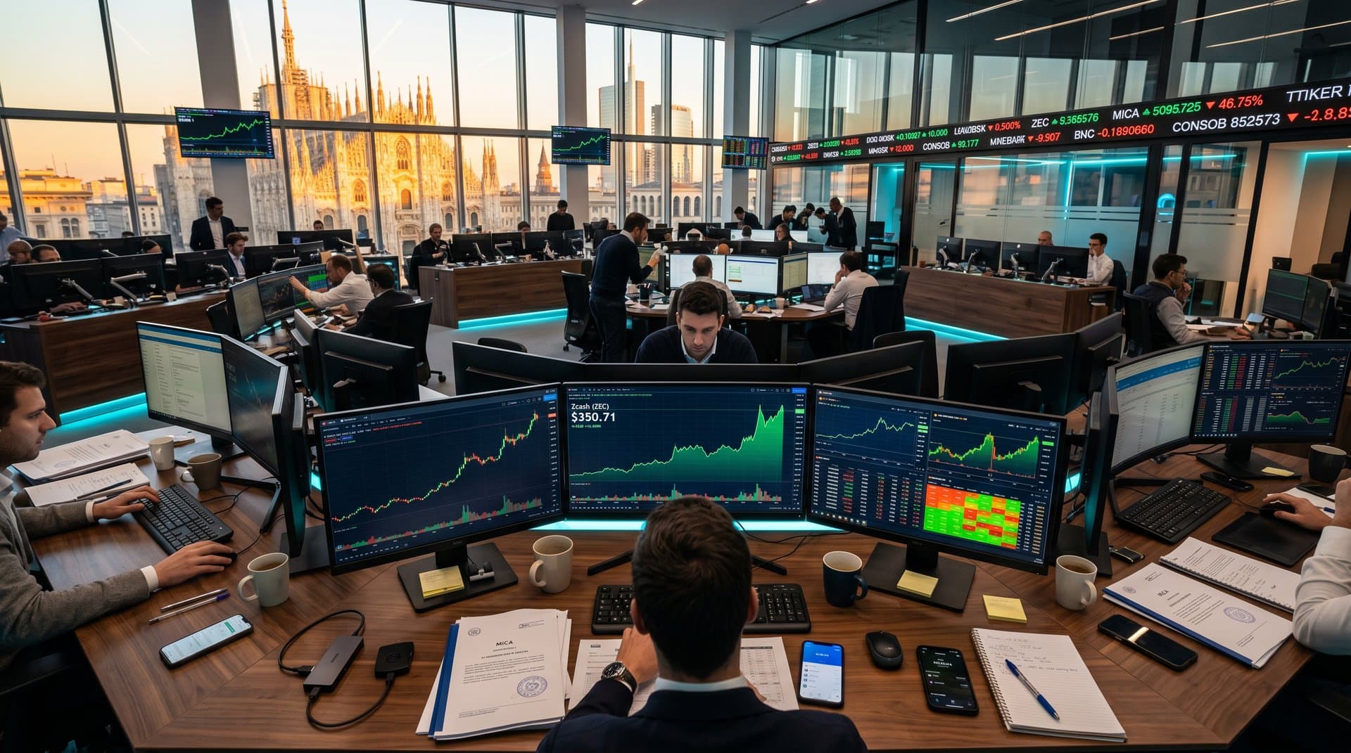 Trading floor milanese con grafici Zcash in surge a 350,71 USD e Ledger Nano X su desk premium