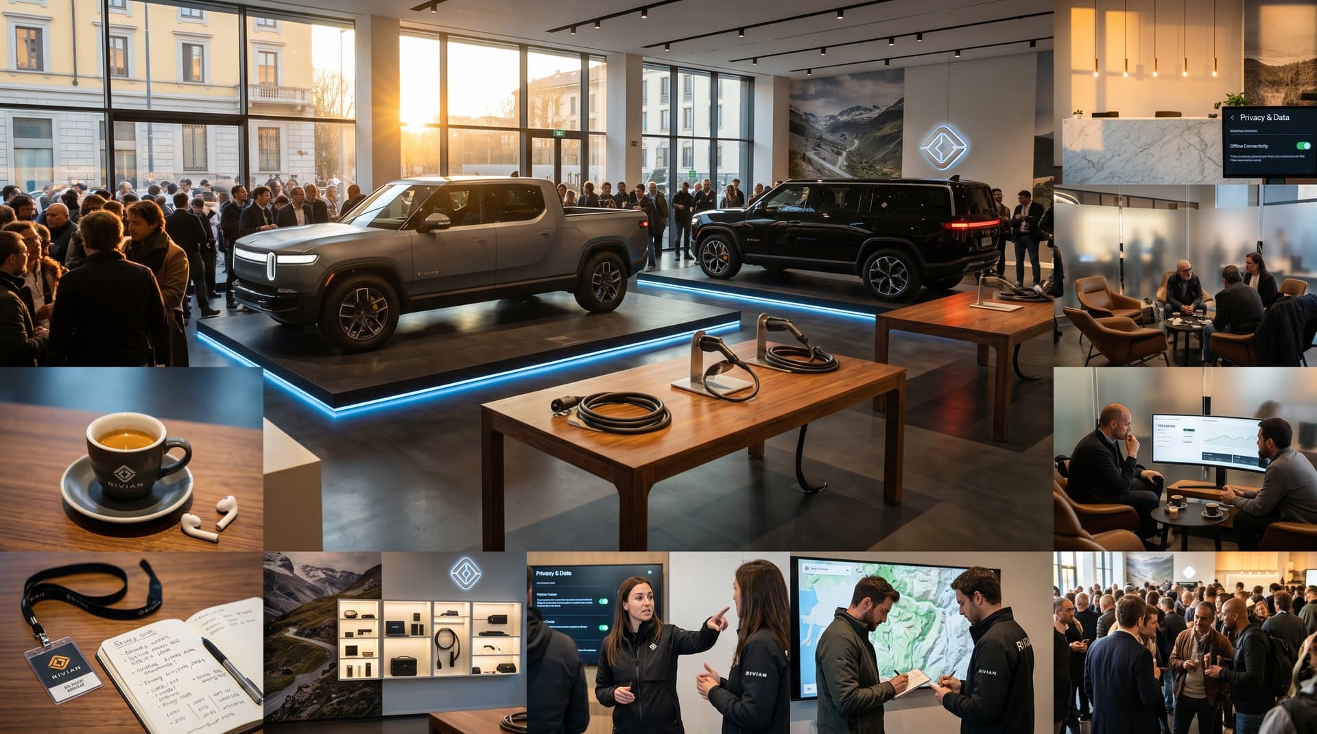 Showroom Rivian Milano con schermi privacy su R1T, gadget EV e mappe offline