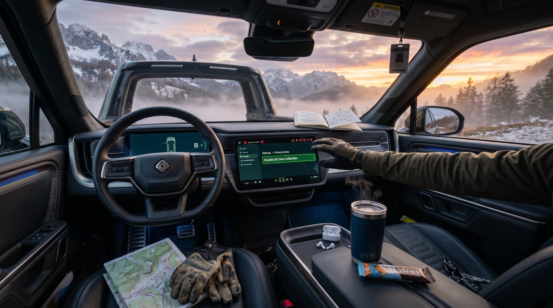 Cruscotto Rivian EV con menu disattivazione connettività internet attiva, icone Wi-Fi e LTE barrate, interni off-road