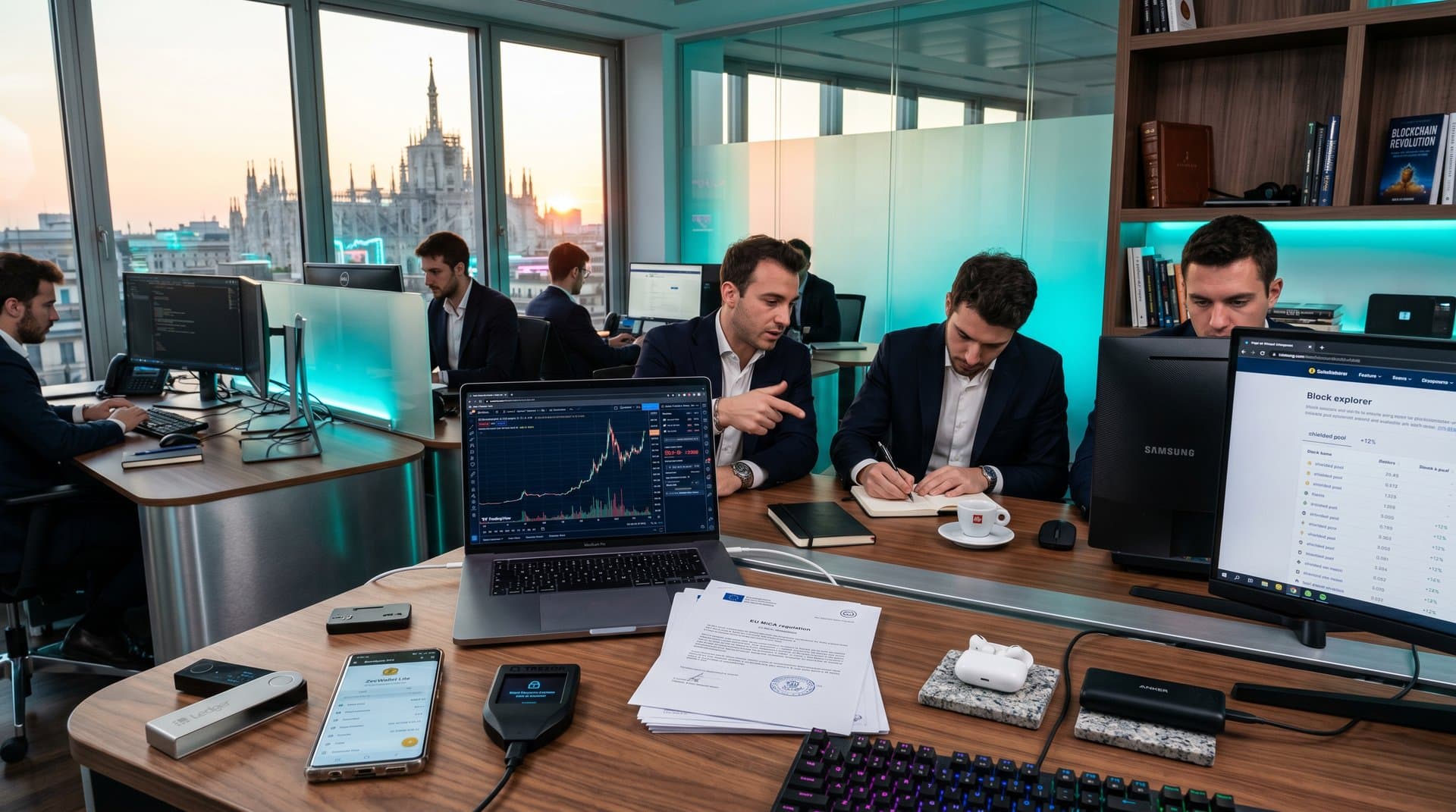 Desk fintech milanese con monitor Zcash a $381.55, wallet hardware Ledger Nano X e Trezor Model T, grafici verdi spike e skyline Duomo Milano