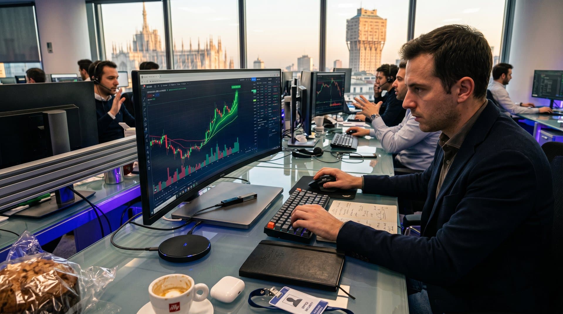 Grafici Zcash surge su monitor con wallet hardware Ledger Nano X su desk high-tech milanese