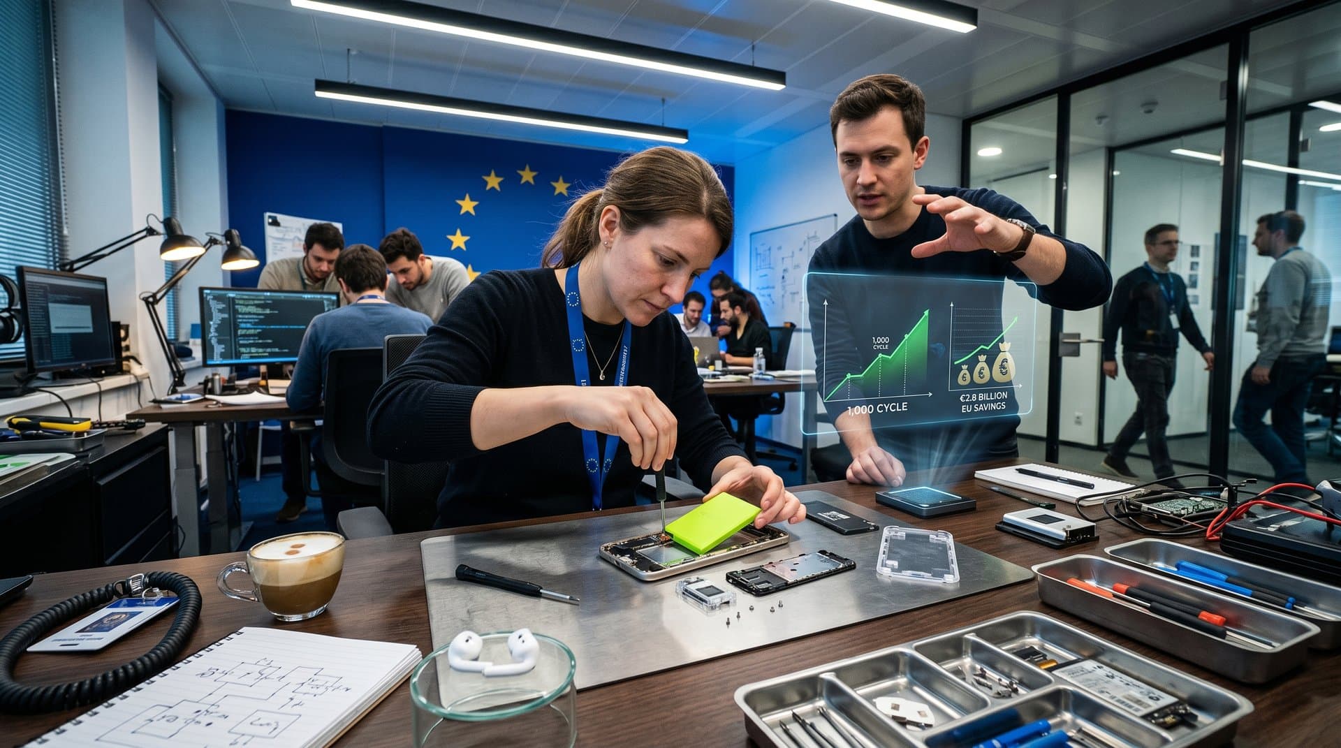 Smartphone modulare disassemblato con batteria rimuovibile evidenziata, stile tech UE sostenibile