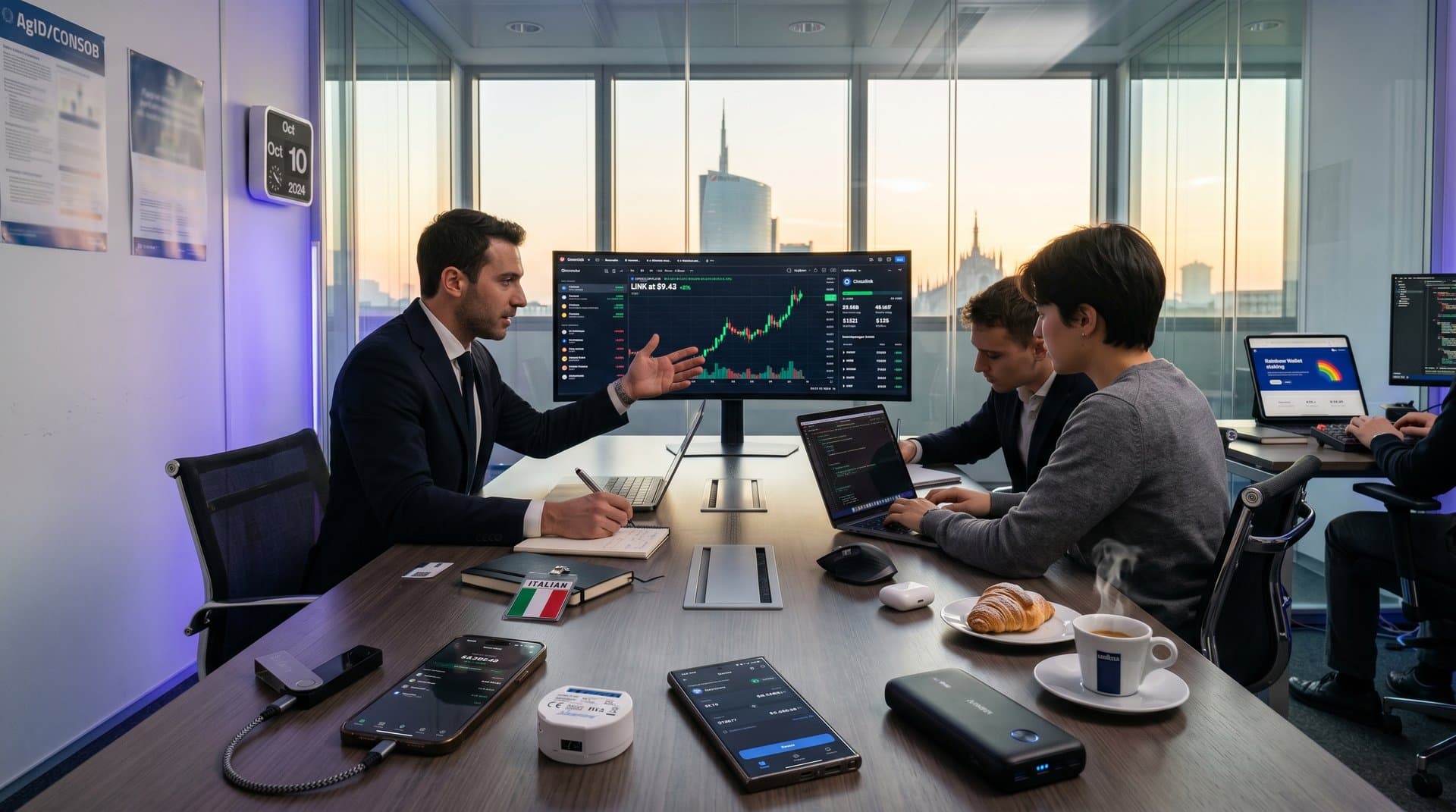 Dashboard Chainlink su monitor con wallet Ledger e gadget IoT Shelly in ufficio tech italiano