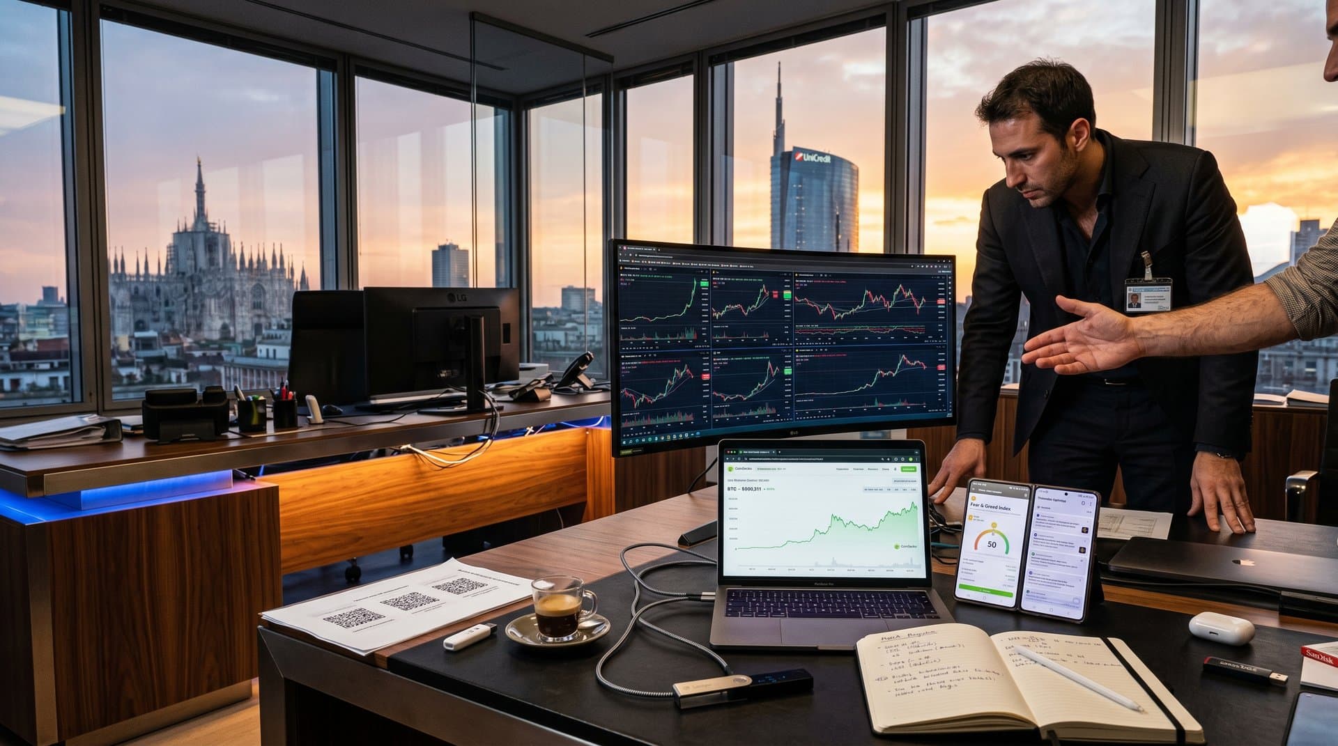 Portafoglio hardware Ledger su scrivania tech con grafico Bitcoin sopra 80K USD e Fear & Greed a 50