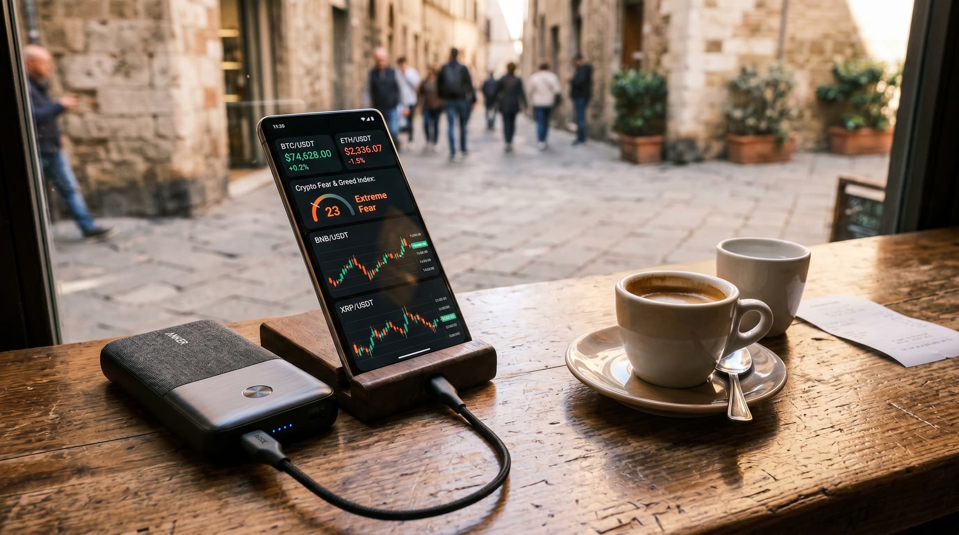 Migliori app crypto portatile: Fear & Greed 23, BTC 74.628 USD