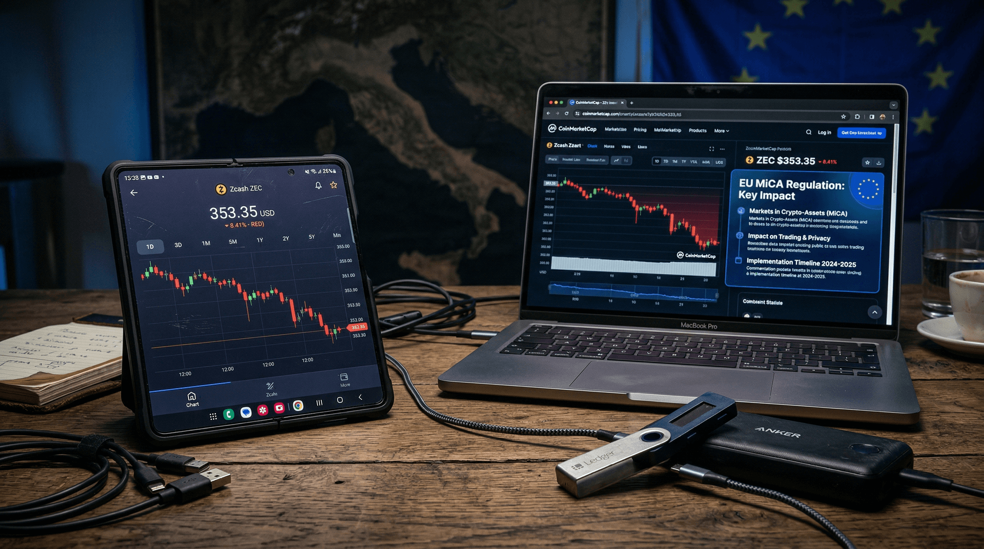 Zcash cala 3,6% a 353,35 USD: MiCA impatta wallet italiani