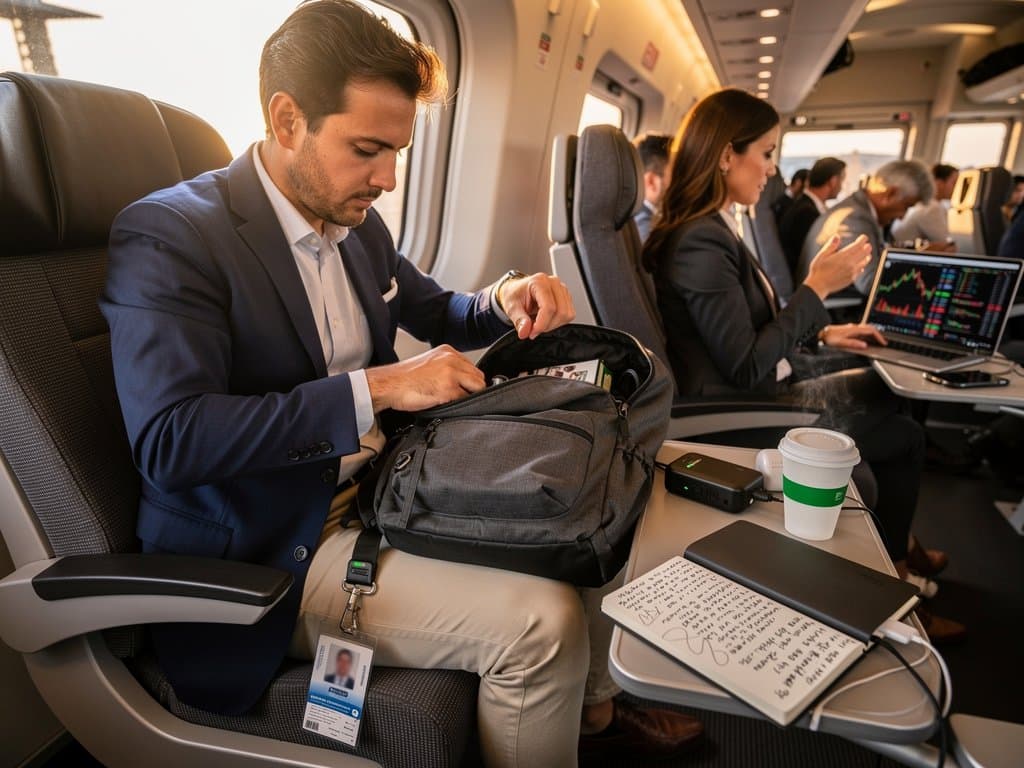 Caricabatterie portatile 200W GaN in uso su Frecciarossa: carica laptop con grafici crypto per pendolare finance italiano
