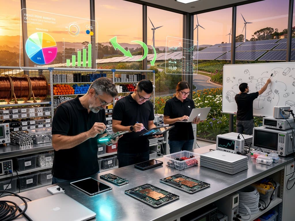 Prototipi MacBook e iPhone con materiali riciclati in laboratorio high-tech Apple, grafici sostenibilità e componenti rame alluminio