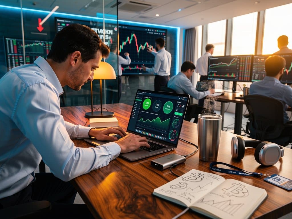 Dashboard Darkbloom su MacBook con grafici AI, chart crypto BTC e power bank collegato in setup gadget efficiente