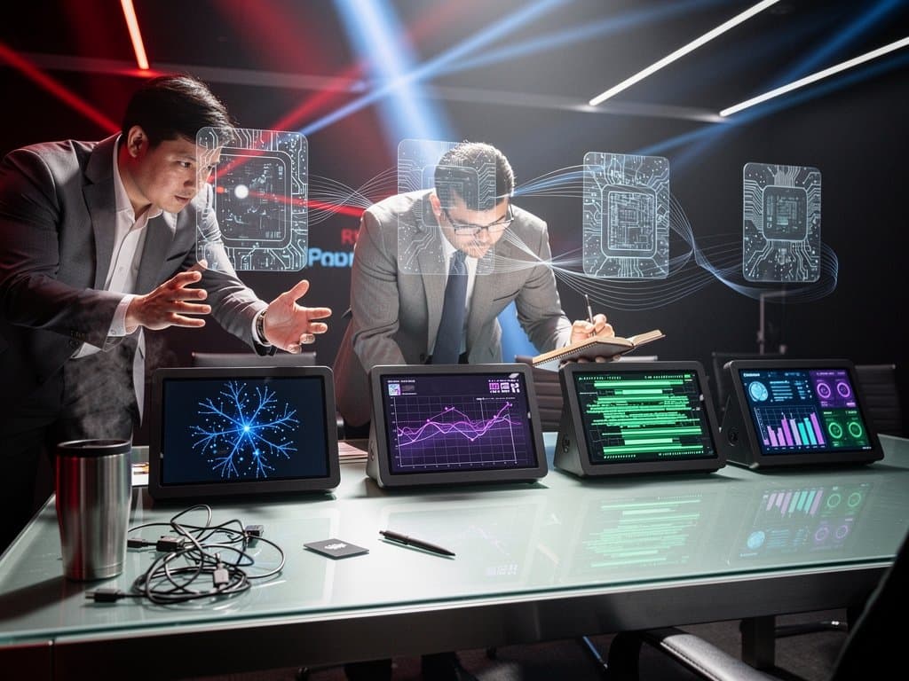 Terminali AI portatili in demo conferenza Changzhou 2026 con grafici neurali e proiezioni tech
