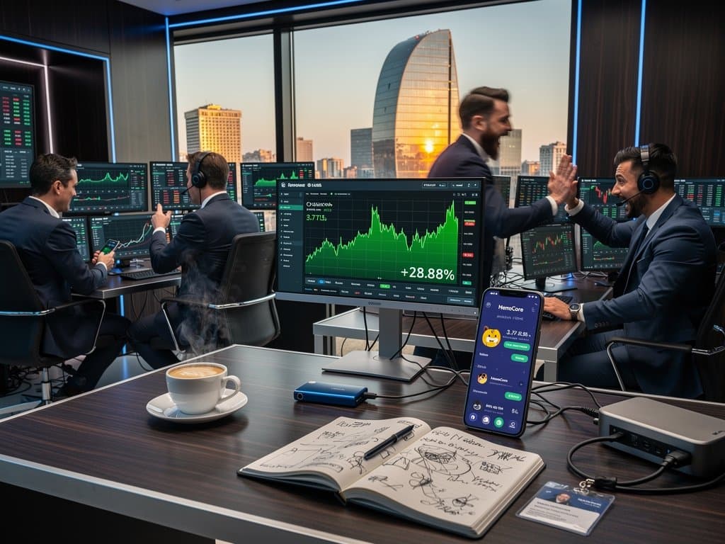 Sala trading milanese con schermi MemeCore surge e Ledger Nano X collegato