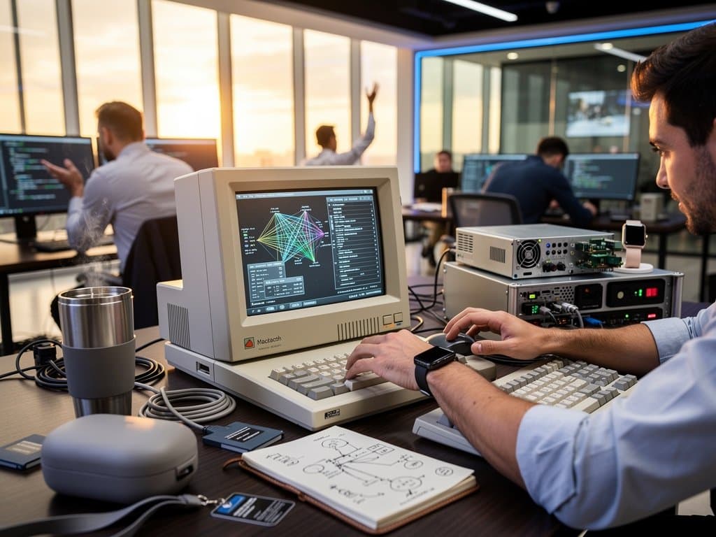 Macintosh Portable 1989 con HyperCard e transformer AI, elementi moderni edge computing sullo sfondo