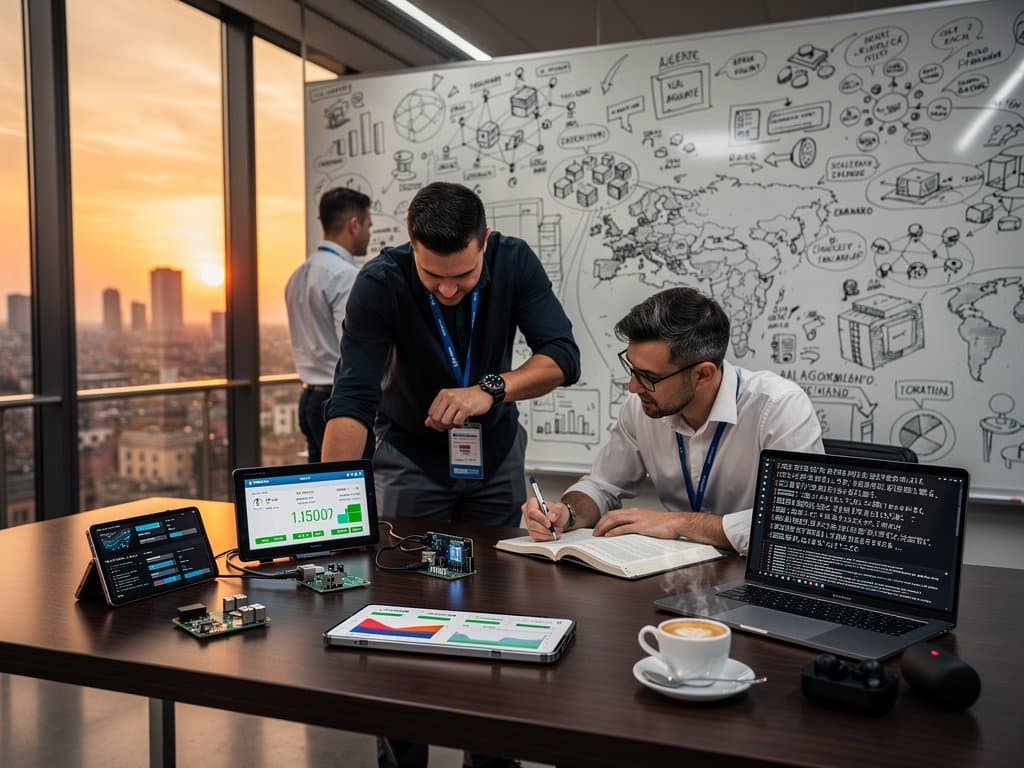 Laboratorio tech Milano: iPhone 16, Raspberry Pi 5, Galaxy S24, MacBook con Cloudflare AI inference layer, whiteboard latenza 45 ms, server edge background