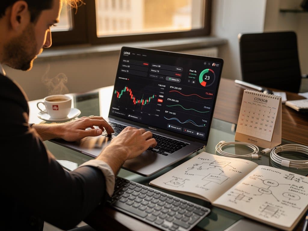 Darkbloom Mac su MacBook Pro idle: interfaccia AI privata con 15 token/s, grafici BTC 75.284 USD e Fear 23 in ufficio high-tech italiano