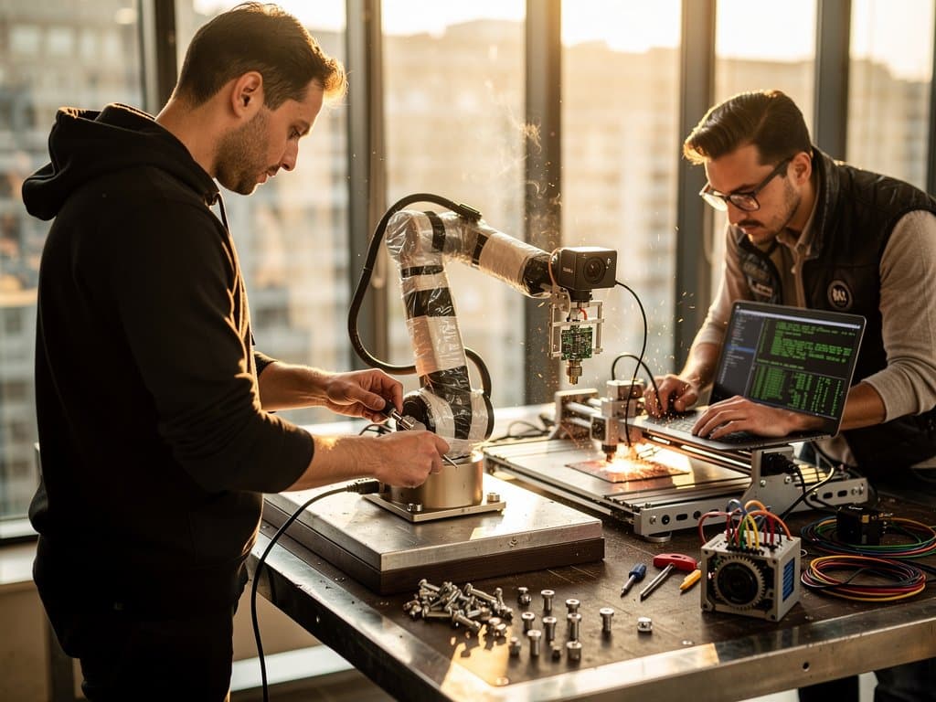Braccio robotico AI DIY in officina milanese con nastro adesivo, webcam e CNC su banco maker