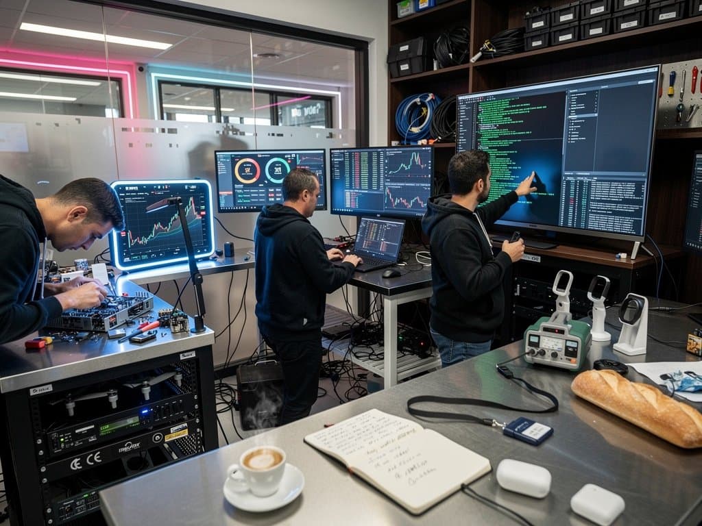 Lab high-tech con hack AI su Samsung TV, codice exploit, grafici Fear & Greed e gadget portatili sotto luci LED