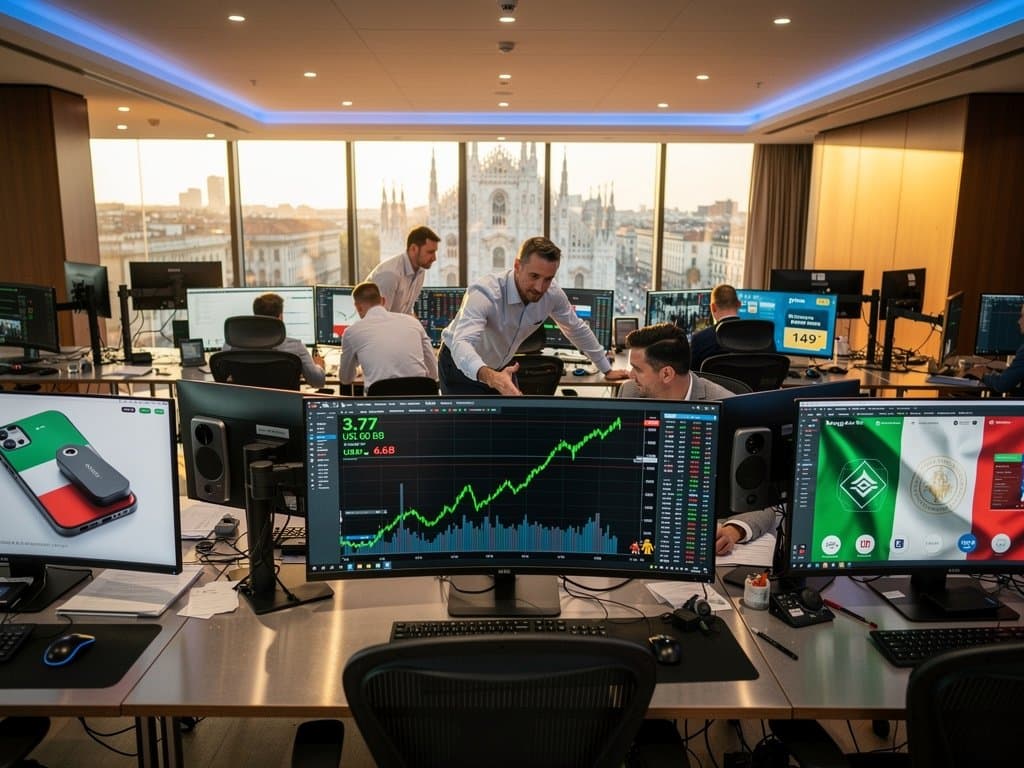 Grafico surge MemeCore a 3.77 USD con icone portafogli crypto portatili Ledger e Trezor, dashboard tech-finance Italia