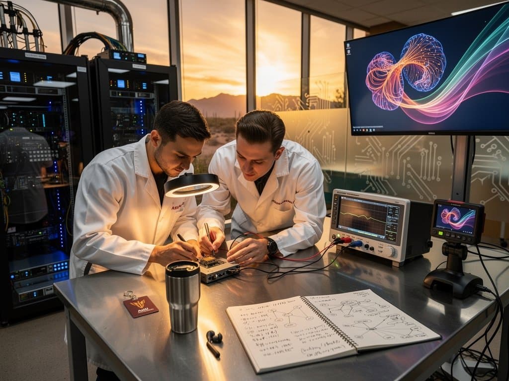 Prototipo chip adattabili AI su banco lab ASU con strumenti e simulazioni neurali