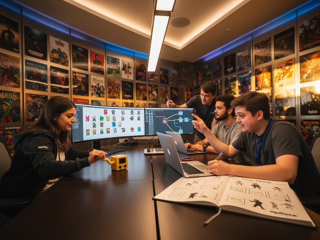 Playdate handheld con crank in laboratorio Duke University, monitor codice, setup high-tech game design