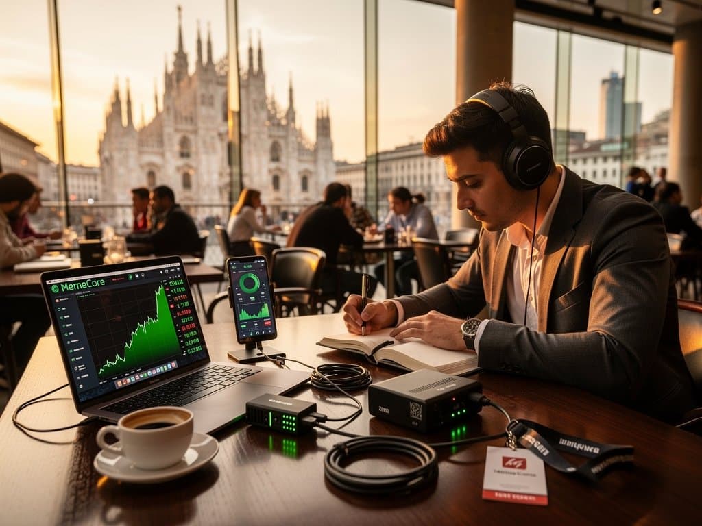 Adattatore mining portatile su laptop con grafici MemeCore surge in salita, contesto italiano tech-finance