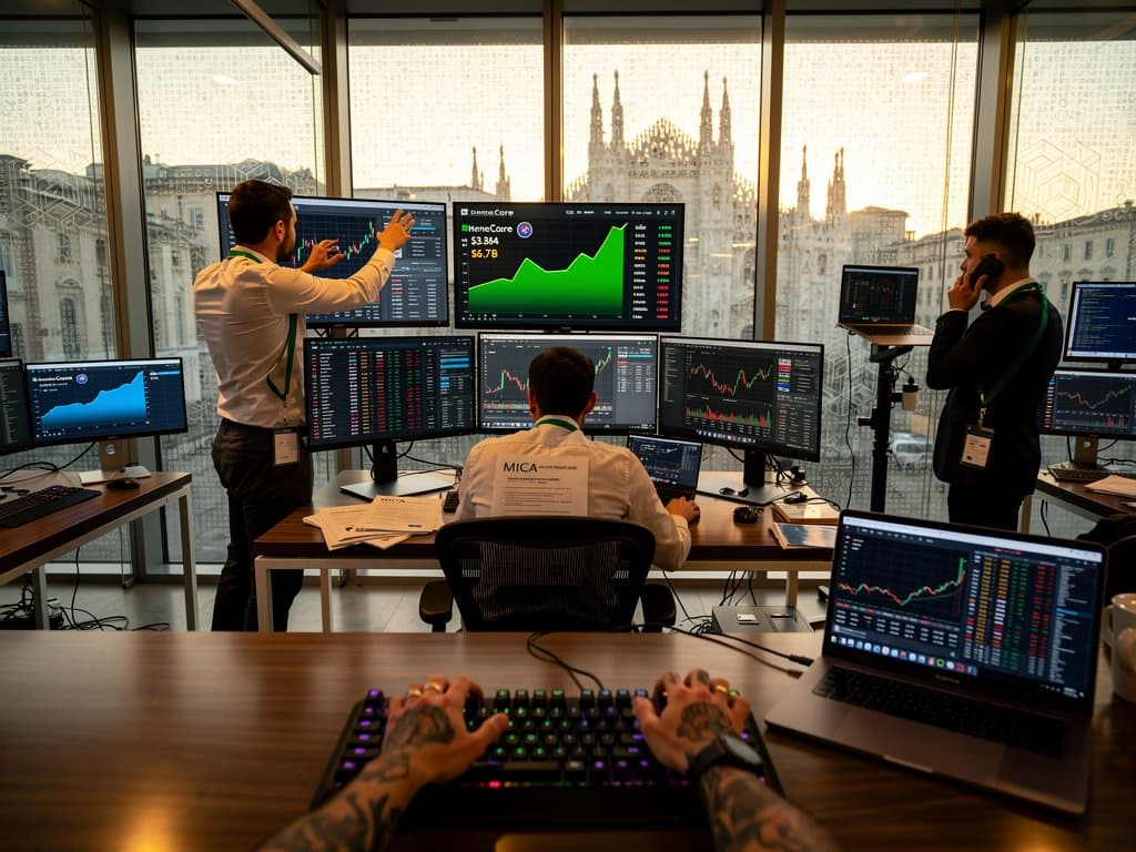 Grafici MemeCore surge su schermi trading con gadget mining portatile USB in ufficio tech-finance milanese