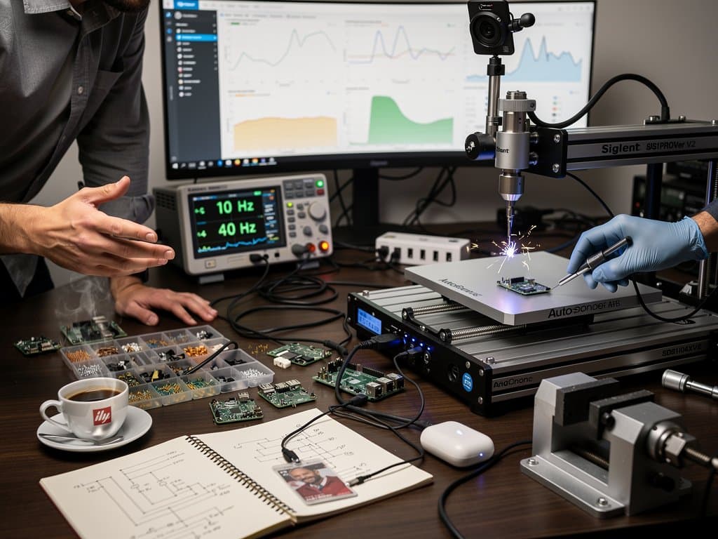 Braccio robotico AutoProber con CNC SainSmart, oscilloscopio Siglent e power strip in laboratorio maker