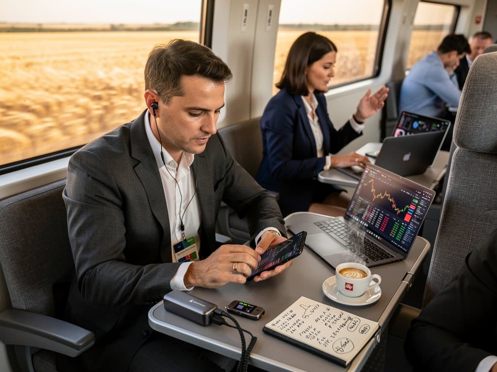 Setup portatile su treno Frecciarossa con Galaxy S25 Ultra, grafici MemeCore e Ledger Nano X