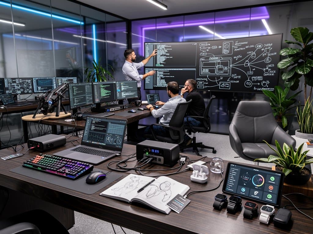 Laboratorio tech con monitor codice Android CLI, gadget portatili e setup sviluppo su scrivanie moderne