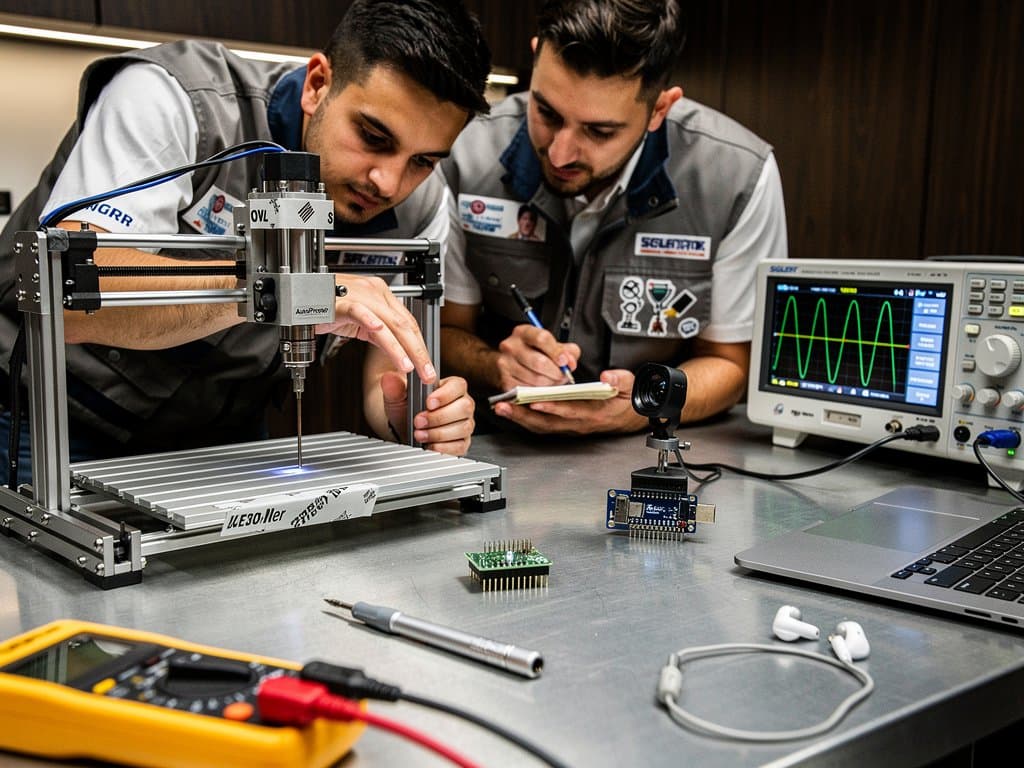 Braccio CNC AutoProber con oscilloscopi Siglent in laboratorio maker, setup DIY portatile con PCB e dashboard