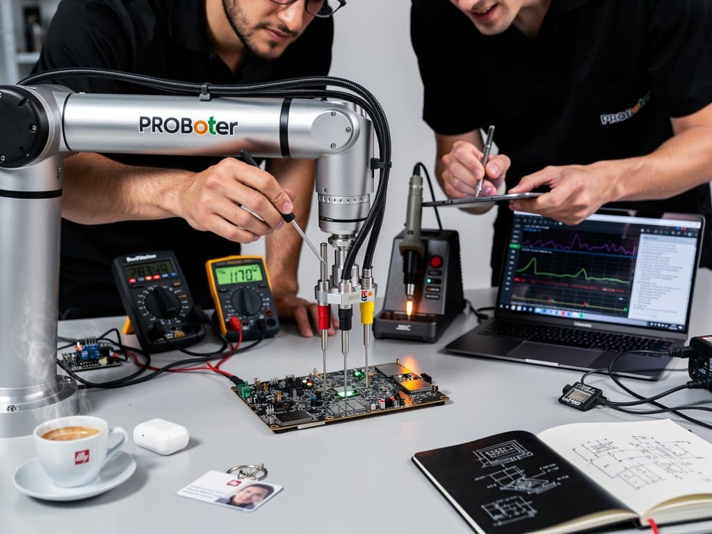 PROBoter piattaforma open-source su PCB smartphone con 4 sonde, laptop con codice e tool lab high-tech