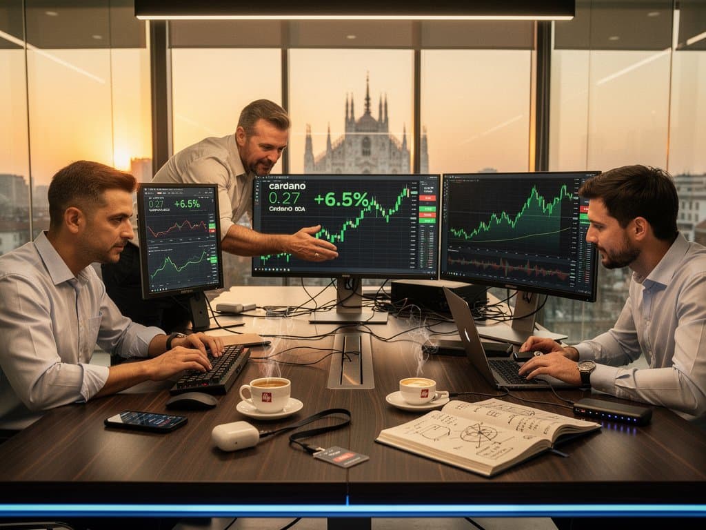 Grafici Cardano ADA 0,27 USD +6,5%, Ledger Nano X su desk fintech milanese con app staking