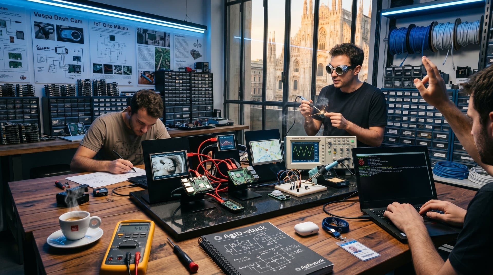 Laboratorio maker con Raspberry Pi, schermi framebuffer e gadget ARM sotto luci LED