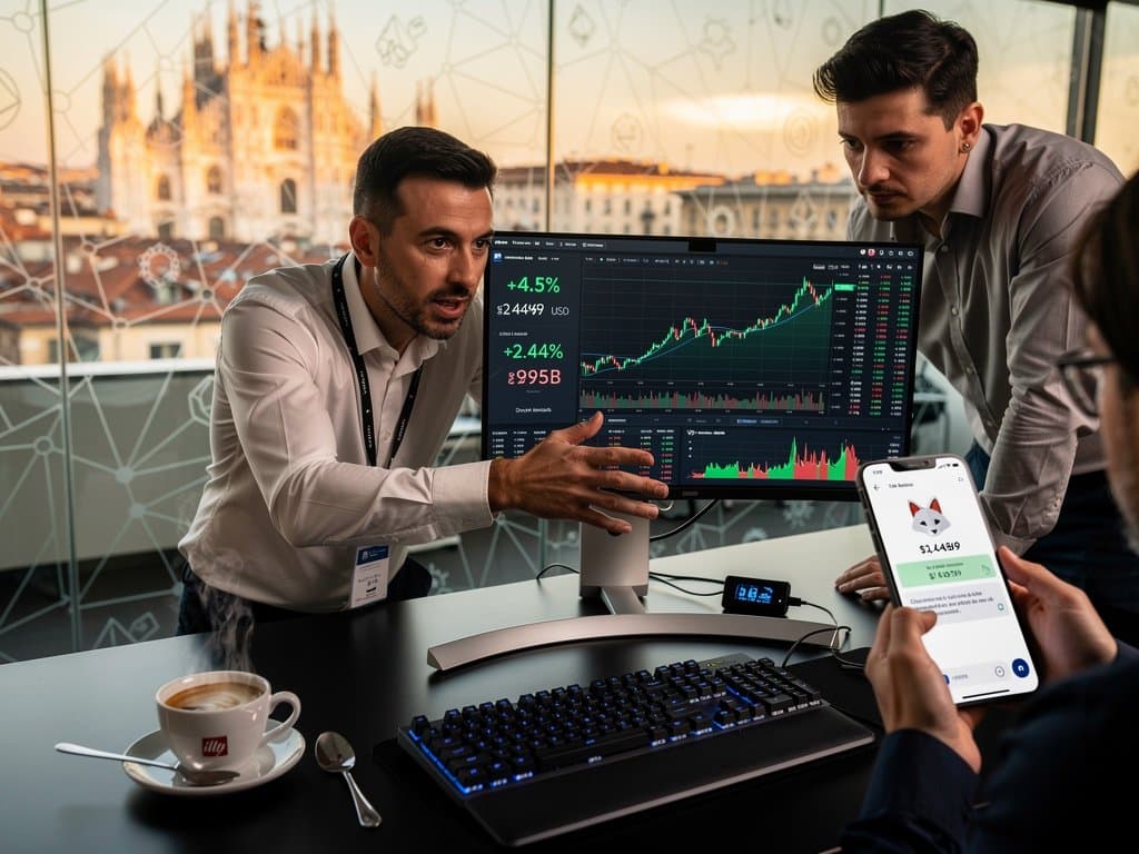 Grafico Ethereum in rialzo su schermo con Ethereum wallet portatili mobile e Ledger, desk fintech italiano moderno