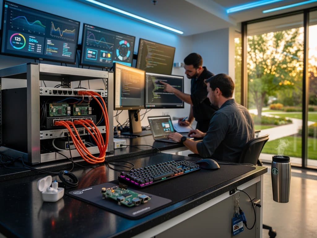 Cluster Raspberry Pi con grafici VM coldstart 125 ms in lab tech moderno, tastiera meccanica e hardware edge su rack alluminio