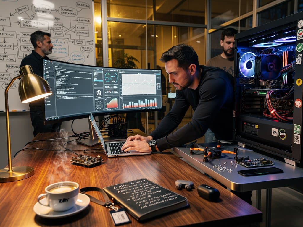 Laptop con diagrammi macchine virtuali portatili, Raspberry Pi e dashboard libkrun su desk tech minimalista