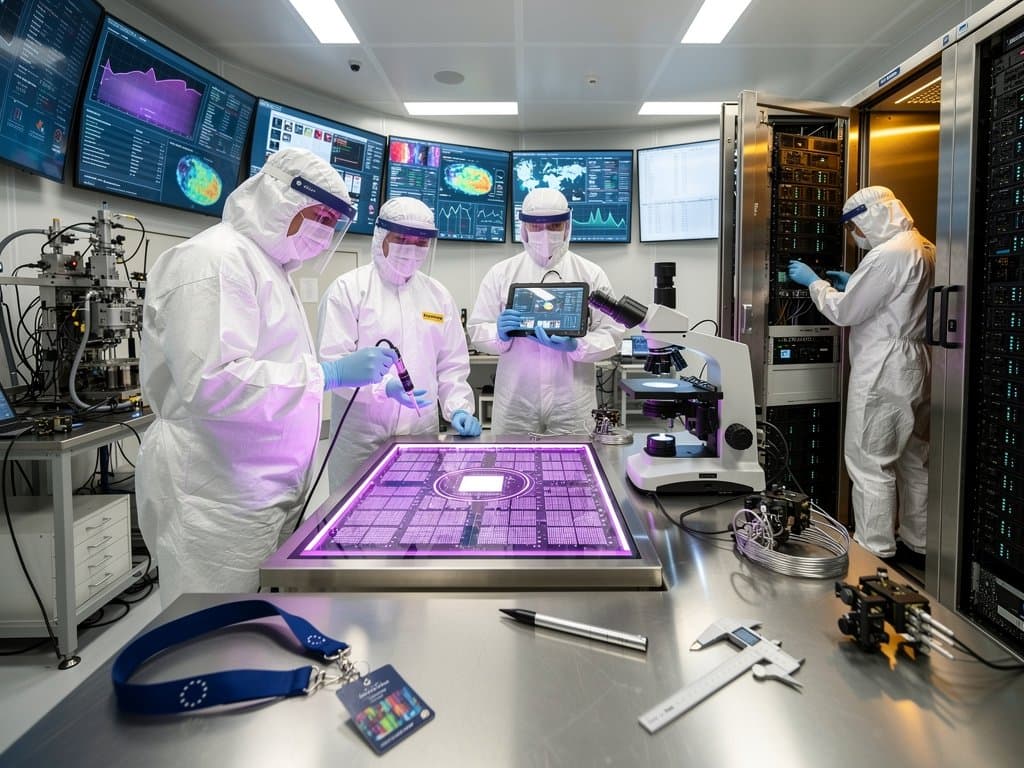 Tecnici in cleanroom testano chip Cerebras WSE-3 in impianto semiconduttori europeo