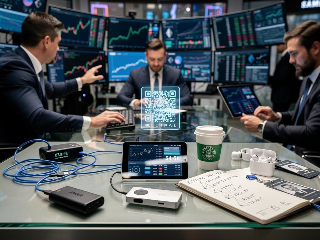 Grafici Ethereum surge su schermi trading con portafogli hardware Ledger Nano X, Trezor e skyline Milano