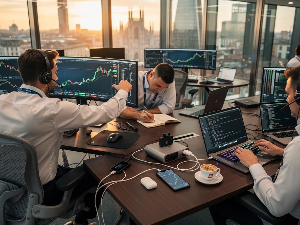 Trading desk con grafici Ethereum, Ledger Nano X su power bank e dashboard MiCA