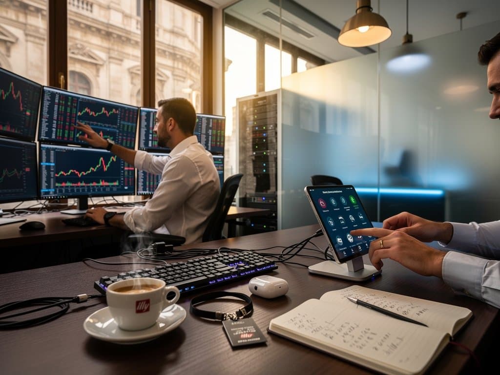 Sala trading Borsa Italiana con gadget portatili, app BingX futures TradFi zero fee e grafici leva 100x