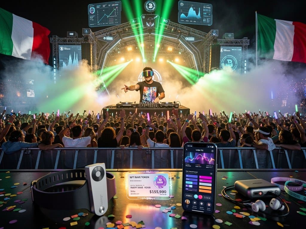 Festival italiano notturno con Ledger Nano X, ticket NFT RAVE glowing e grafici crypto su app mobile