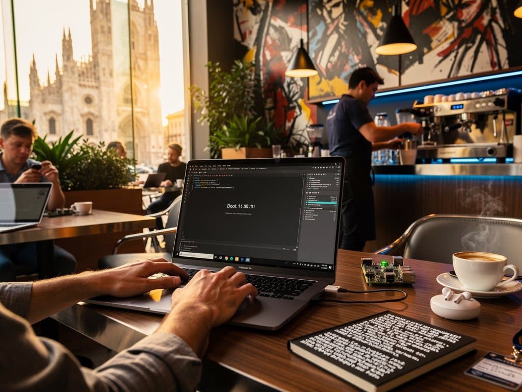 MacBook Air M3 con SmolVM boot 180 ms in caffè milanese, tastiera attiva, vista Duomo tech mobile